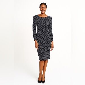 Boden Boatneck Ruched Sheath Dress Honeycomb Pattern Blue